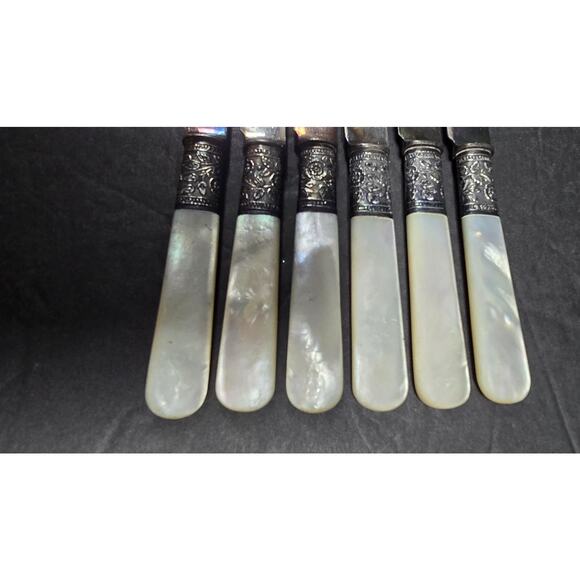 Mother of Pearl Fruit Knives Set of 6 Sterling Ferrule India Stainless Blades - Picture 2 of 10